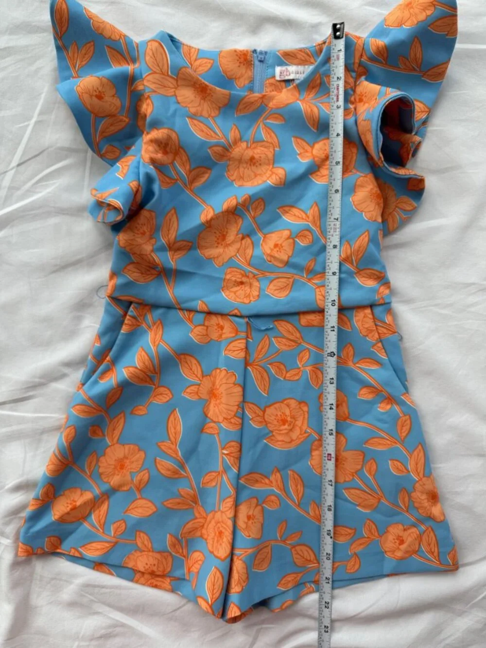 GB Girls Blue Orange Floral Ruffle Sleeve Belted Romper Size 5